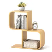 Costway S-Shaped Bamboo Bookshelf Bookcase 2 Cubes Geometric Corner Display Shelf Natural