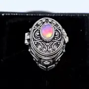 Aurora Opal Stone Poison Ring, 925 Silver Platted, Oval Shape Ring