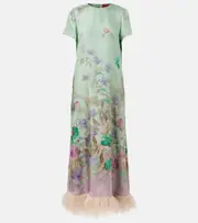 [La DoubleJ] La DoubleJ Swing feather-trimmed silk maxi dress UK 8 green