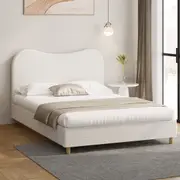 Oikiture Bed Frame Queen Size Boucle Cloud Shape Headboard Wood Slats White