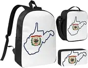 [JEJEA] West Virginia state Flag Map print Backpack with Lunch Box Pecnil Case Set 3 in 1,BookBags Lunchbag Pencil Bag 17inch for Travel, Black, One Size