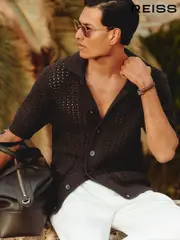 Reiss Chocolate Brown Amir Crochet Button-Through Shirt (AR9597) | $265