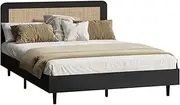 [OIKITURE] Bed Frame with Rattan Headboard, Wooden Bed Frame Platform, Metal Bracket Support, Modern Design, Capacity 300KG, 197x145x92CM, for Kids Toddler and Adult, Black