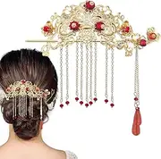 Chinese Hair Accessories for Wedding, Red Tassel Gold Hanfu Pins Pearl Flower Hair Pins, Hair Chopsticks Hair Styling Vintage Classical Sticks Long Tassel Chinese Hair Jewelry Accessories