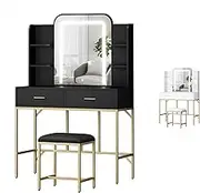 ALFORDSON 2-Drawer Vanity Table, 6-Shelf Storage & LED Lighting, Bedroom Dressing Table, 100x40x146.5cm, Black - Adjustable Brightness, Matching Stool