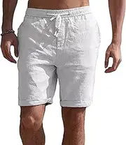 [PHJTOMK] Mens Big Tall Linen Relaxed Fit 9 Inch Inseam Beach Short Casual Waist Drawstring Vacation Shorts Classic 7" Shorts, White, 3X-Large