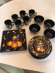 NEW Laurie Gates Halloween Scarecrow 6 Plates 9.75",6 Mugs, 4 Bowls, 12" Platter