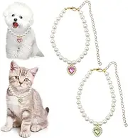 2 PACK Cat Dog Pearl Necklace Collar, Small Dogs Cats Rhinestones Collar Necklace Set, with Rhinestones Heart Charm Pendant Adjustable Dog Jewelry