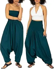 [likemary] Jumpsuits for Women - Pull Down Rompers into Cotton Harem Pants Women - One Size Fits Most Maxi Length Outfit with Pockets - Summer Jumpsuit Teal