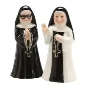 Nun Salt And Pepper Ceramic Shaker Set, black, white, 3 in.