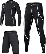 [BUYKUD] Kids' Boys 3PCS Long Sleeve Base Layer Compression Athletic Shirt Tights Top & Bottom Thermal Underwear Sports Set