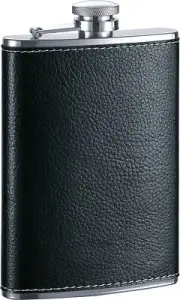8oz. Stainless Steel Flask With Black Leather Covering, Captive Lid, New In Box