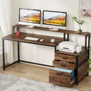 Tribesigns 63 Inch Computer Desk with File Drawer Cabinet, Ergonomic Office Desk with Monitor Stand, Industrial Computer Table with Printer Space, Wood PC Table Workstation Desk for Home Office