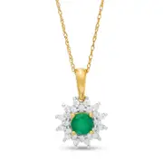 5.0mm Emerald and 0.25 CT. T.W. Natural Diamond Sunburst Frame Pendant in 10K Yellow Gold