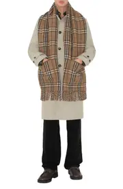 burberry Reversible Check Cashmere & Wool Fringe Scarf in Buzzard/Sand at Nordstrom