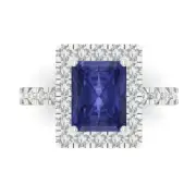 3.84Ct Emerald Cut Tanzanite Solid Gold Halo Engagement Promise Statement Ring