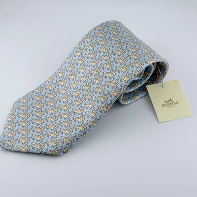 New Unused HERMES Neck Tie Light Blue White Pegasus 100%Silk Made in France