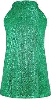 [XiaoMaAnJi] Womens Sparkly Sequin Tops Mock Neck Blouse Sleeveless Shiny Tank Top Sleeveless Glitter Outfits Party Shirt 2025, A1 Green, Medium
