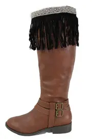 Western Women Boot Toppers Long Black Faux Leather Fringes Knee High Silver Bead