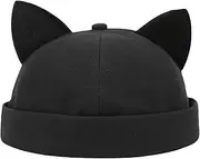 [Eilova Orityle] Unisex Docker Hat Women Cute Cat Ears Dock Cap Brimless Beanie Skull Cap Sailor Caps Rolled Cuffed Adjustable Skullcap