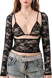 [Faithtur] 2PCS Bra and Top Sets 2024 Women Mesh Long Sleeve Tops Low Cute Sexy Sheer Crop Shirts Party Club Outfit Streetwear