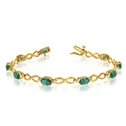 14K Yellow Gold Oval Emerald Stones And Diamonds Infinity Tennis Bracelet, 7"