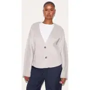 Grey Wool Look Button Up V Neck Jacket, Grey