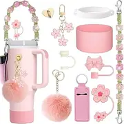 Kids Stanley Cup Accessories Set for Stanley Cup Kids Girls 30oz 40oz Tumbler Silicone Boots 40oz 30 oz, Pink Water Bottle Handle Strap with Pearls, Bow Straw Topper Cover, Chapstick Holder & Keychain