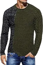 [Gsywaipei] Men's Color Block Knitted Sweater Slim Fit Long Sleeve Male Knits Sweaters Winter Wool Crewneck Knit Pullover, Green, M