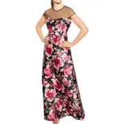 Women's Size 6 NWT Adrianna Papell Floral Mikado Full Length Gown Black Pink