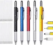 KEWAYO 5Pcs 6 in 1 Multifunction Pen Tool, with Scale Ruler, Spirit Level, Ballpoint Pen, Stylus & Small Screwdriver Set with 20 Refills
