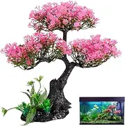 VICASKY Pink Cherry Blossom Aquarium Decor, Goldfish Betta Fish Tank Decorations Hides Accessories Aquarium Artificial Plastic Plants Decoration, Pink Cherry Blossom Tree & Grass Aquarium Decor Set