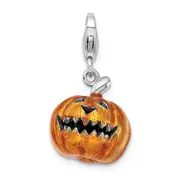 Sterling Silver Amore La Vita Rhodium-Plated Polished 3-D Enameled Jack O Lantern Charm With Fancy Lobster Clasp
