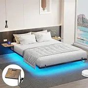 Bigu Floating Bed Frame Queen with Bedside Tables, Charging Station and LED Lights Metal Platform, Black