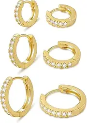 [micuco] 3 Pairs Small Hoop Earrings Tiny Cartilage Earrings Cubic Zirconia Cuff Earrings White Gold Huggie Hoop Ear Piercing Earrings for Women 8mm 10mm 12mm