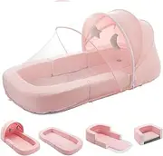 DAOLUAN Baby Travel Bassinet Bed & Chair, Fold Out Sofa Couch Lounger with 2-1 Mosquito & Canopy, Foldable Portable Travel Cot with Foam Raised Safety Bumpers for Infant Toddlers (Pink)