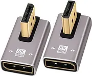 8K Right Angle DisplayPort 1.4 Gold Plated Adapter 2 Pack, 90 Degree Middle (Left and Right) Angle DP Male to Female Vertical Connector Converter DP T Shape Extender, Support 8K@60Hz，4K@120Hz，4K@60Hz