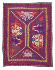 4.6x5.8 Ft Embroidered Silk & Cotton Wall Hanging. Red Bed Cover. New Tablecloth