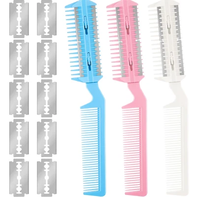 Maitys Hair Cutter Comb, 3 Pieces Razor Comb with 10 Pieces Razors, Hair Thinnin