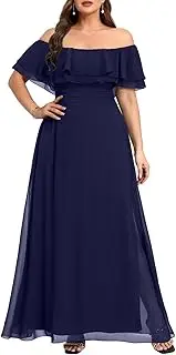 [Pinup Fashion] Women's Plus Size Off The Shoulder Chiffon Ruffle Formal Party Beach Maxi Dress