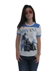 NIRVANA Kurt Cobain Group Photo Ringer T-Shirt Jersey Womens Cotton Large
