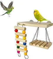 XICEN Bird Perches Toys Set Cage Accessories Parrot Nature Wooden Playground Hanging Standing Platform Play Stand with Swing Ladder for Lovebirds, Parakeet, Conures, Budgie and Other Small Animals