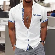Men's Shirt Linen Shirt Summer Shirt Beach Wear Casual Shirt Button Up Shirt Color Block Vacation Curise Black White Pink Navy Blue Short Sleeve Lapel Summer C