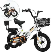[XIULIUU] Kids Bike, 14 Inch Foldable Children Bikes for Boys Girls Age 3-7 Years with Self-Illuminating Training Wheels, Removable Basket, Children Bicycle with Passenger Rear Seat