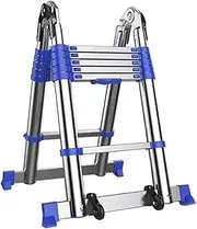 Telescopic Ladder Heavy Duty Telescopic Extension Ladder with Stabilizer Bar & Wheels,Multi-Purpose A-Frame/Straight Folding Loft Ladders,Load 200kg