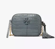 NWT Tory Burch McGraw Croc Embossed Leather Camera Bag Bluestone AUTHENTIC