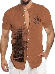 [HanzhuoLG] Men's Retro Compass Sailing Boat Print Short Sleeve Shirt Hawaiian Beach Vacation Shirt Color2 XXL