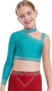 [Oyolan] Kids Girls Ballet Jazz Dance Outfits Glittery Rhinestones One Sleeve Mock Neck Crop Top with Feather Briefs
