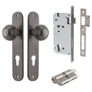 Guildford Knob Oval Backplate Entrance Kit w High Security Lock Distressed Nickel