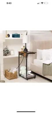 C Shaped Side Table End Table Adjustable with Charging Station & Bottom Basket